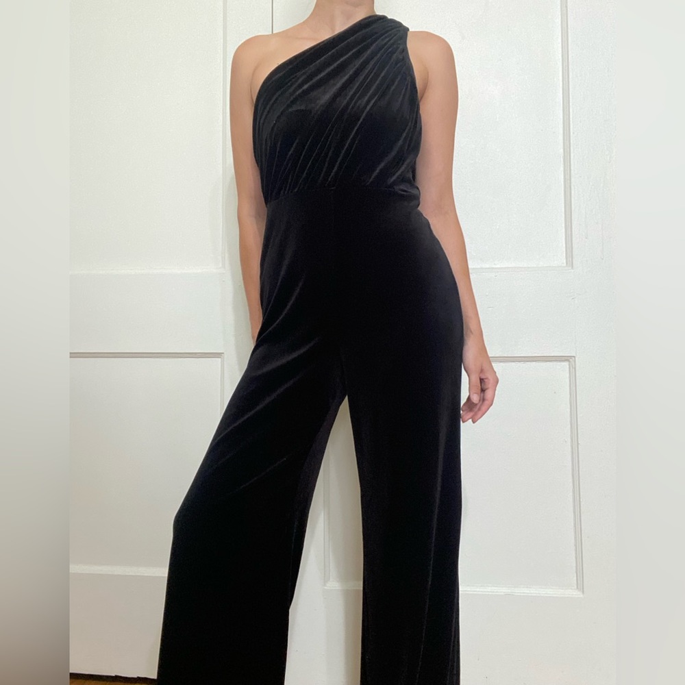 Express Black Velvet One Shoulder Jumpsuit